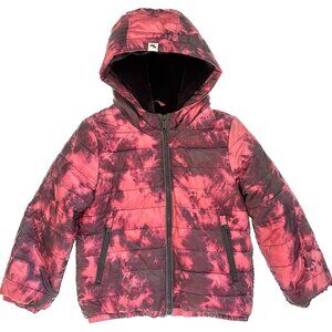 Abercrombie Kids Cozy Pattern Faux Fur Lined Puffer Coat Red Dye Effect 5/6